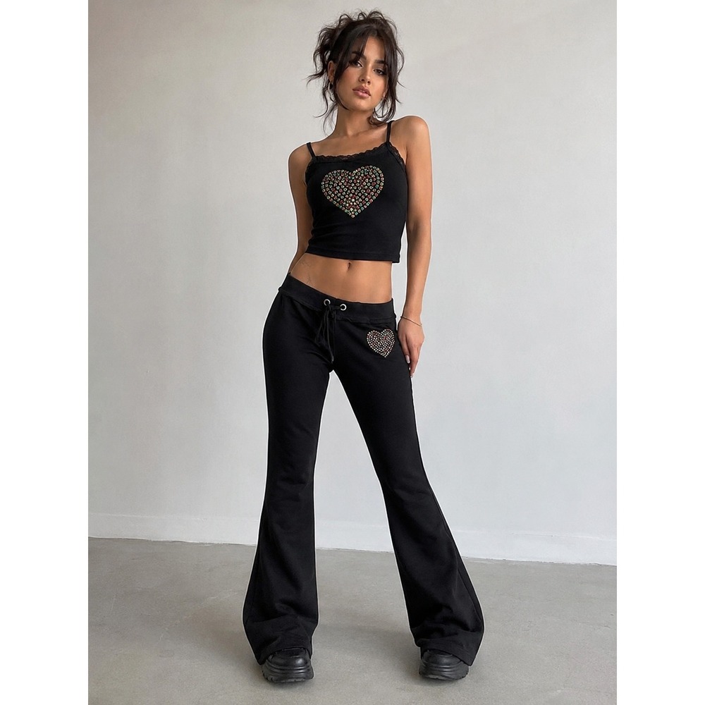 VTG Twisted Heart Women Low Rise Flare Sweatpants Y2K‎ Rhinestone Bling Gothic